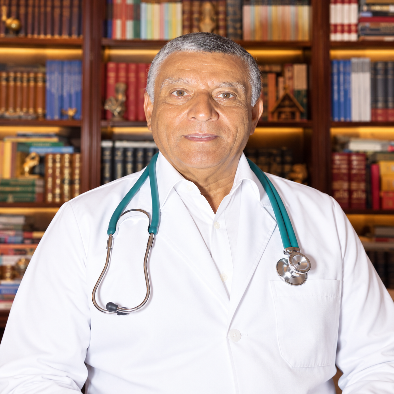Retrato do Prof. Nascimento, E. C., diante de uma biblioteca